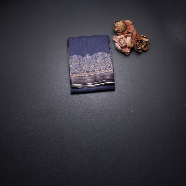 Semi Raw Silk Navy Blue Plain Saree With Printed Paisley Design