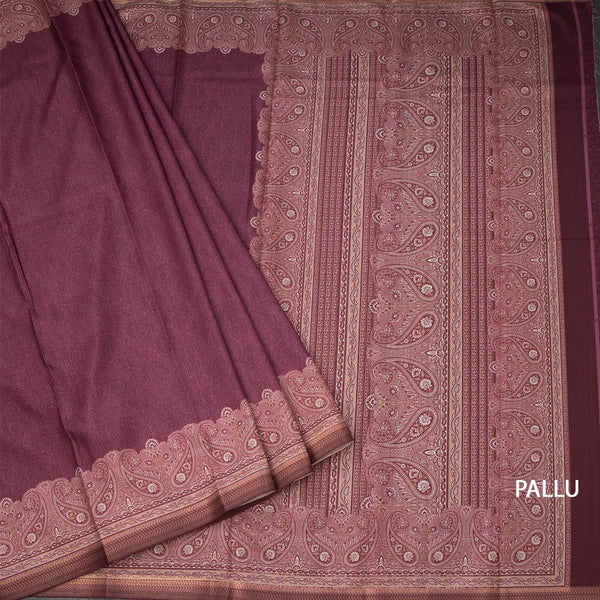 Semi Raw Silk Maroon Plain Saree With Printed Paisley Design