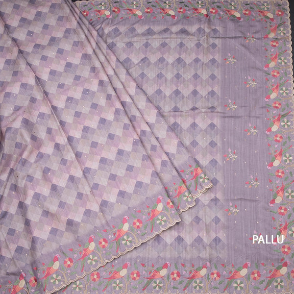Raw Silk Lavender Printed Saree With Thread Border
