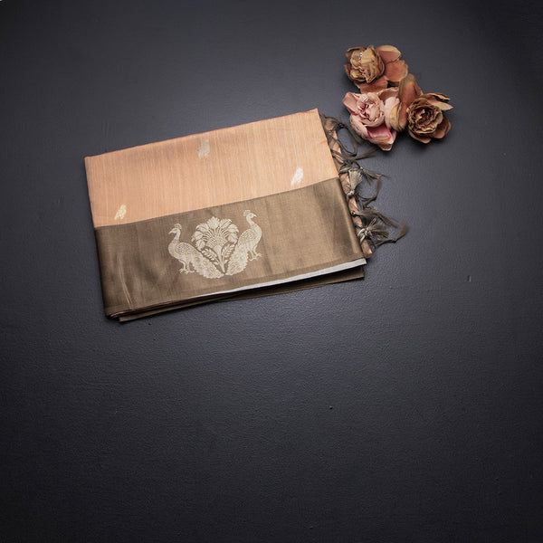 Tussar Peach Saree With Zari Buttas And Peacock Border