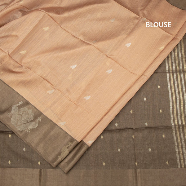 Tussar Peach Saree With Zari Buttas And Peacock Border