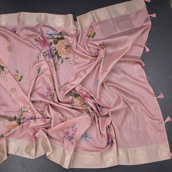 Satin Silk Peach Floral Printed Saree