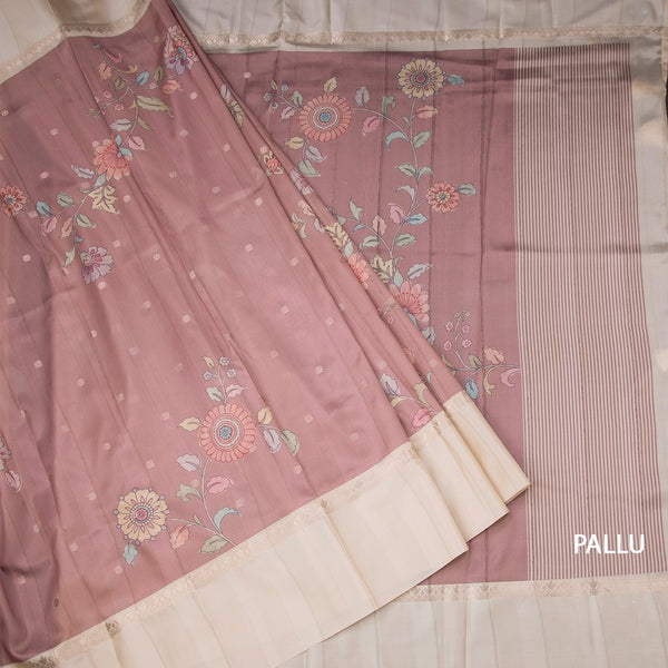 Satin Silk Light Peach Floral Printed Saree