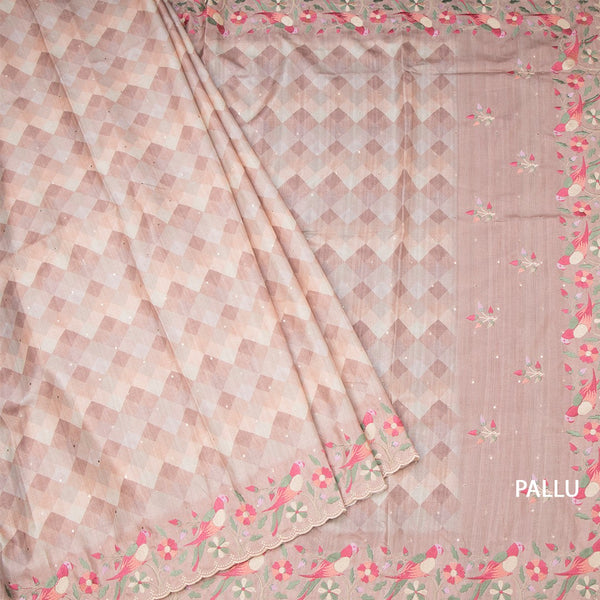 Raw Silk Light Brown Printed Saree With Thread Border