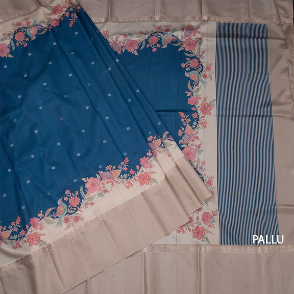 Satin Silk Peacock Blue Saree With Zari Buttas And Simple Border