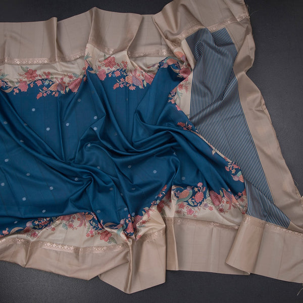 Satin Silk Peacock Blue Saree With Zari Buttas And Simple Border