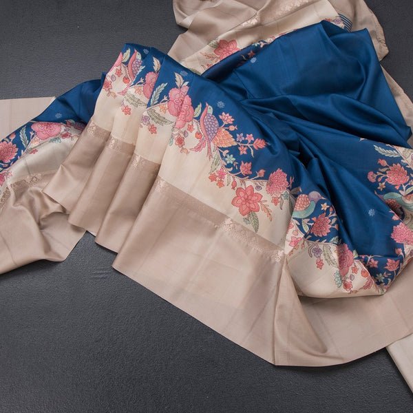 Satin Silk Peacock Blue Saree With Zari Buttas And Simple Border