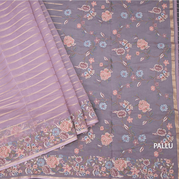 Organza Lavender Zari Stripes Saree With Thread Border