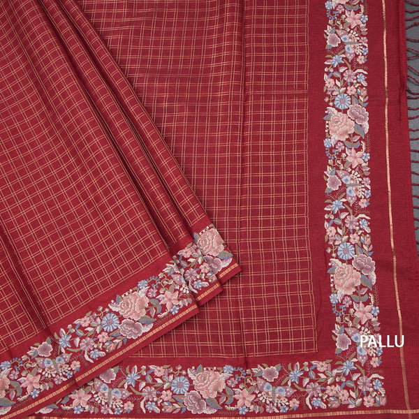 Raw Silk Maroon Zari Checked Saree And Thread Border