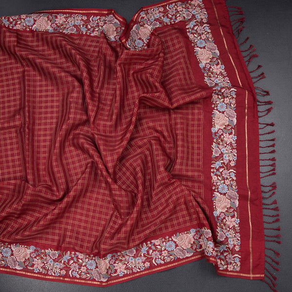 Raw Silk Maroon Zari Checked Saree And Thread Border