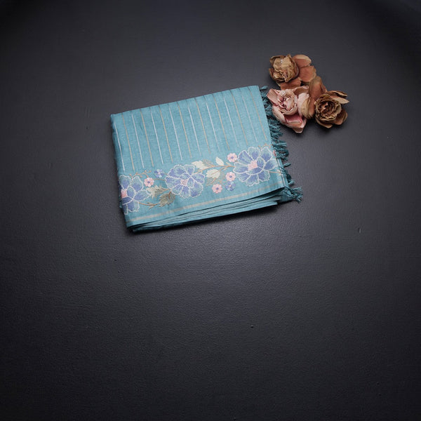 Raw Silk Sky Blue Zari Stripes Saree With Thread Border