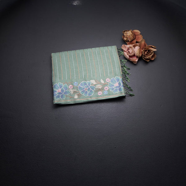 Raw Silk Sage Green Zari Stripes Saree With Thread Border