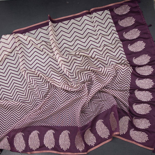 Semi Linen Cream Zig Zag Printed Saree And Zari Thread Border 02