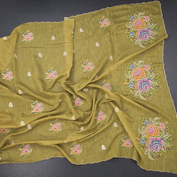 Linen Lemon Green Borderless Thread Work Saree