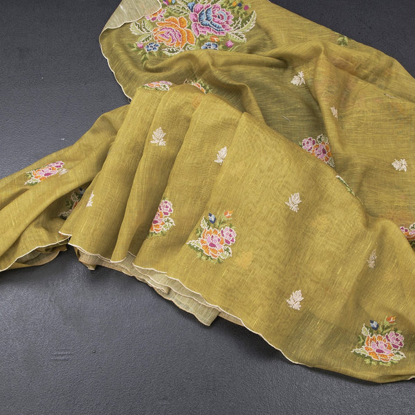 Linen Lemon Green Borderless Thread Work Saree