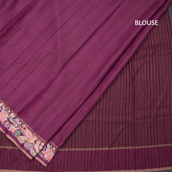 Raw Silk Magenta Purple Zari Stripes Saree And Thread Border