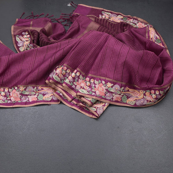 Raw Silk Magenta Purple Zari Stripes Saree And Thread Border