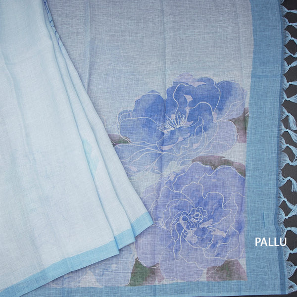 Semi Linen Pastel Blue Floral Printed Saree And Ribbon Border