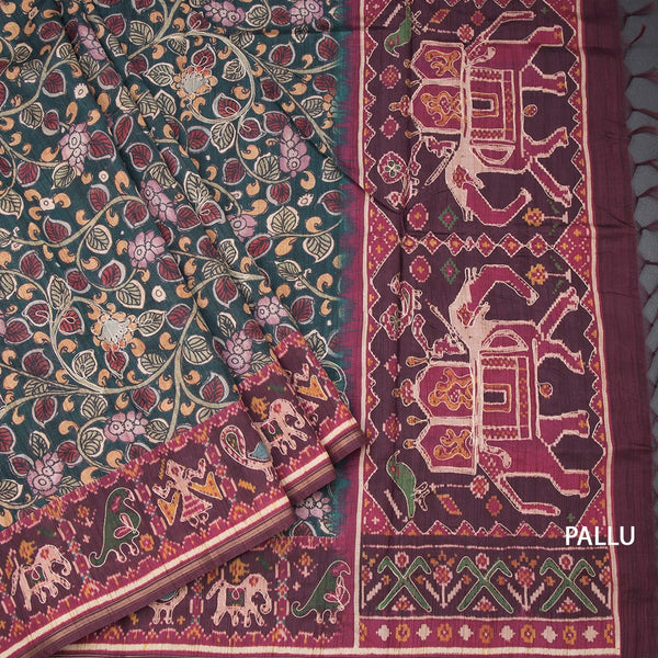 Raw Silk Dark Green Kalamkari Printed Saree
