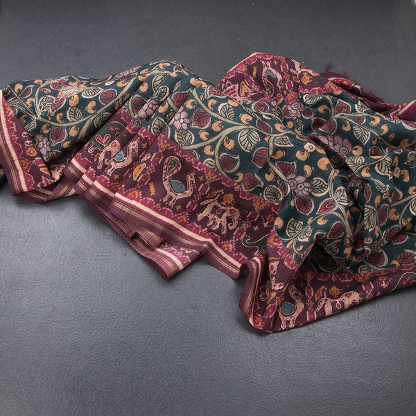 Raw Silk Dark Green Kalamkari Printed Saree