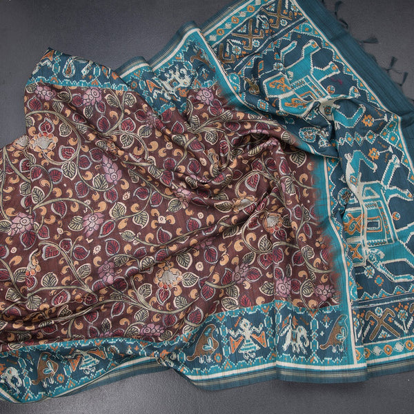 Raw Silk Dark Brown Kalamkari Printed Saree