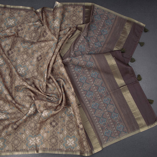 Semi Raw Silk Olive Green Printed Saree 02