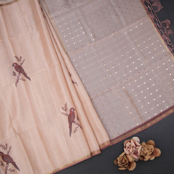 Raw Silk Light Peach Parrot Printed Saree And Ribbon Border