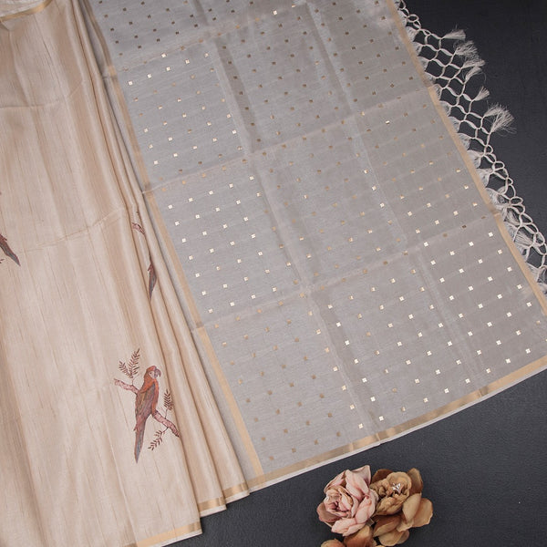 Raw Silk Cream Parrot Printed Saree And Ribbon Border