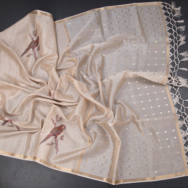 Raw Silk Cream Parrot Printed Saree And Ribbon Border