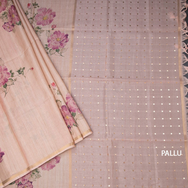 Raw Silk Light Peach Floral Printed And Ribbon Border