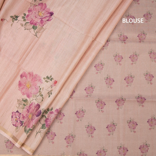 Raw Silk Light Peach Floral Printed And Ribbon Border