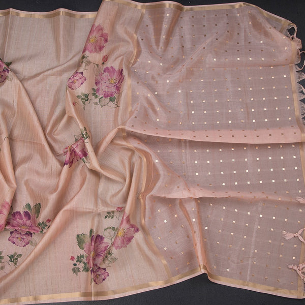 Raw Silk Light Peach Floral Printed And Ribbon Border