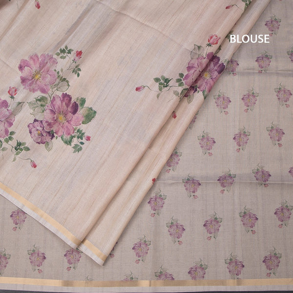 Raw Silk Cream Floral Printed And Ribbon Border