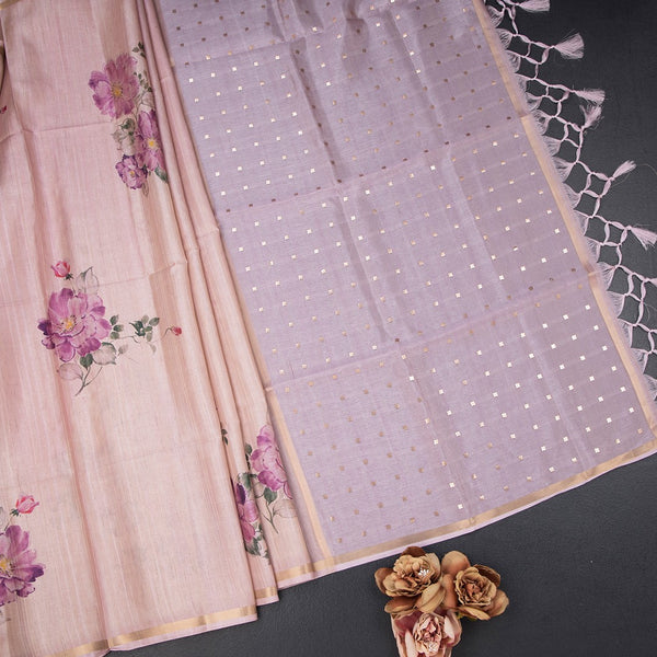 Raw Silk Onion Pink Floral Printed And Ribbon Border