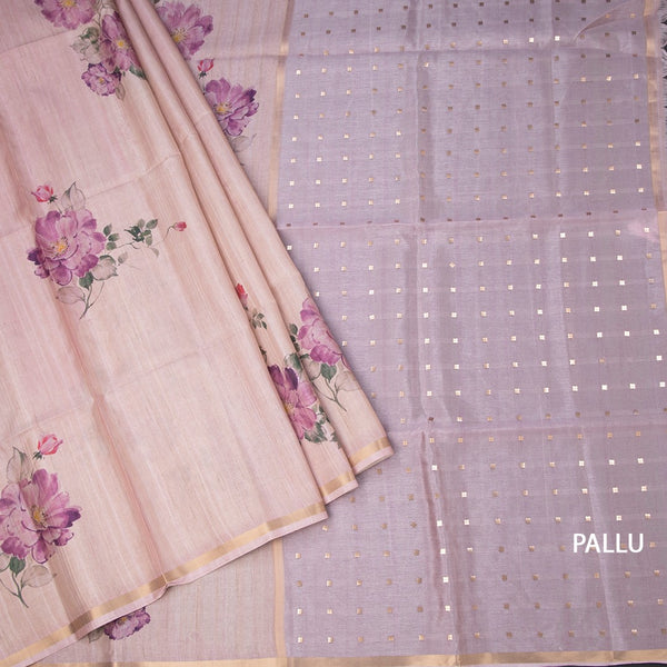 Raw Silk Onion Pink Floral Printed And Ribbon Border