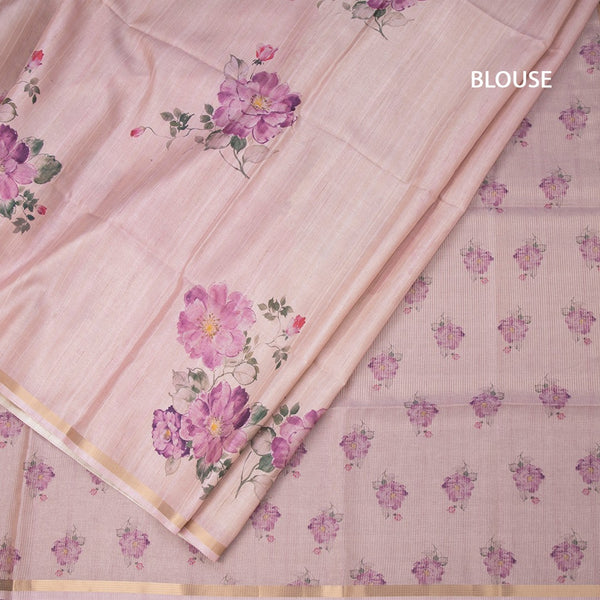 Raw Silk Onion Pink Floral Printed And Ribbon Border