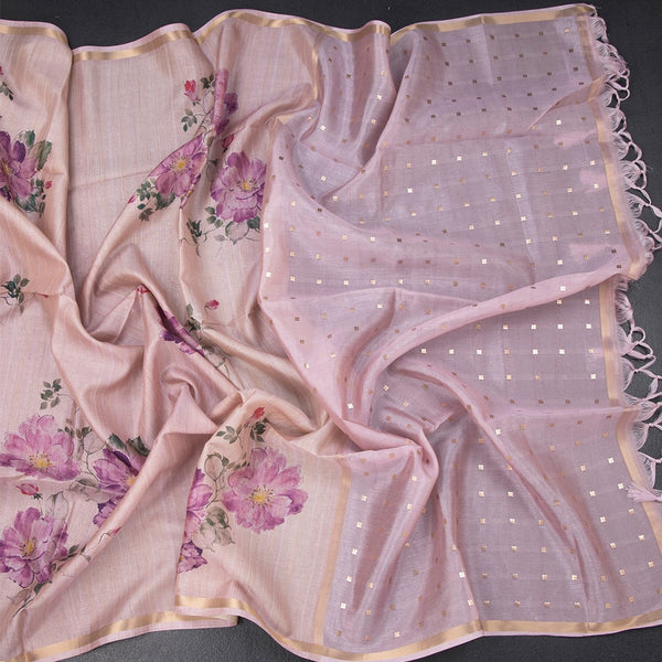 Raw Silk Onion Pink Floral Printed And Ribbon Border