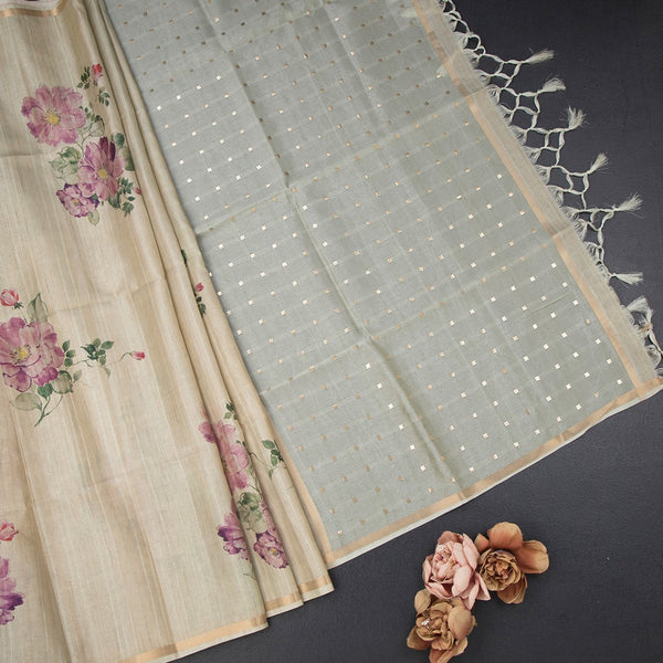 Raw Silk Pista Green Floral Printed Saree And Ribbon Border