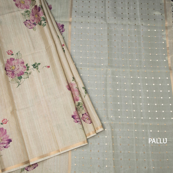 Raw Silk Pista Green Floral Printed Saree And Ribbon Border