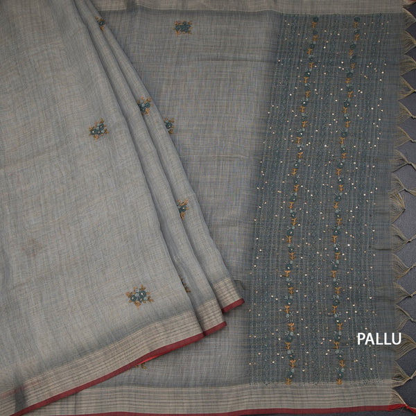 Linen Shot Colour Thread Work Saree And Zari Border