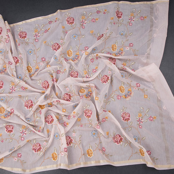 Linen Baby Pink Floral Thread Work Saree