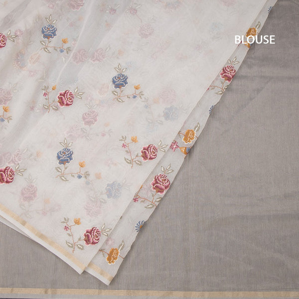 Linen Cream Floral Thread Work Saree 03