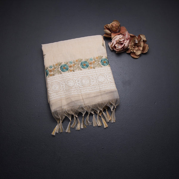 Linen Cream Floral Thread Work Saree 02