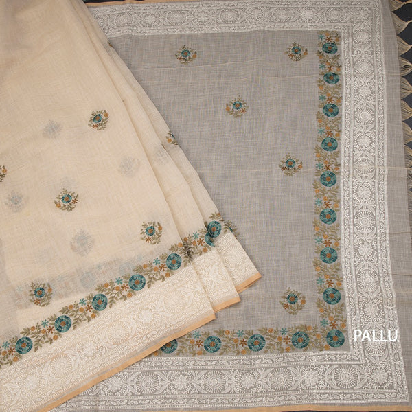 Linen Cream Floral Thread Work Saree 02