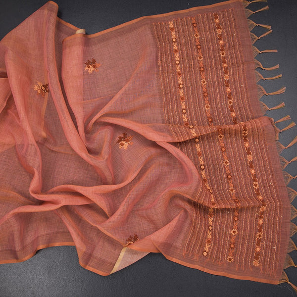 Linen Peach Floral Thread Work Saree