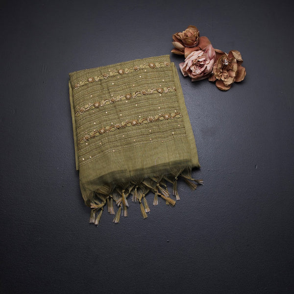Linen Mehandi Green Floral Thread Work Saree