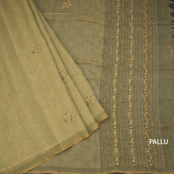 Linen Mehandi Green Floral Thread Work Saree