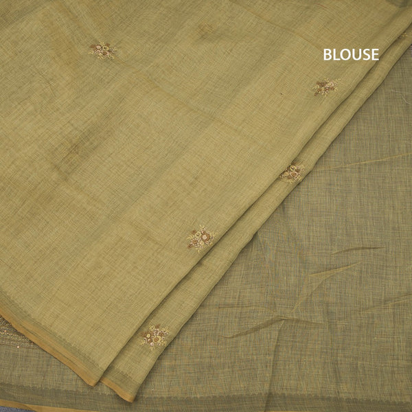 Linen Mehandi Green Floral Thread Work Saree