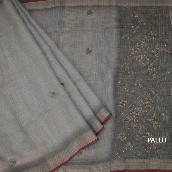 Linen Grey Floral Thread Work Saree