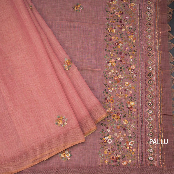 Linen Peach Floral Thread Work Saree 02